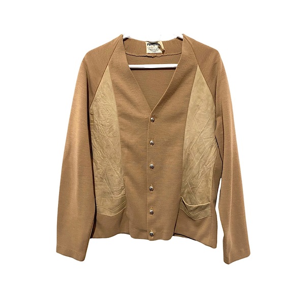 Vintage 70s Suede Knit Cardigan Sweater Patchwork Detail Camel Tan V-Neck M/L - Picture 2 of 15